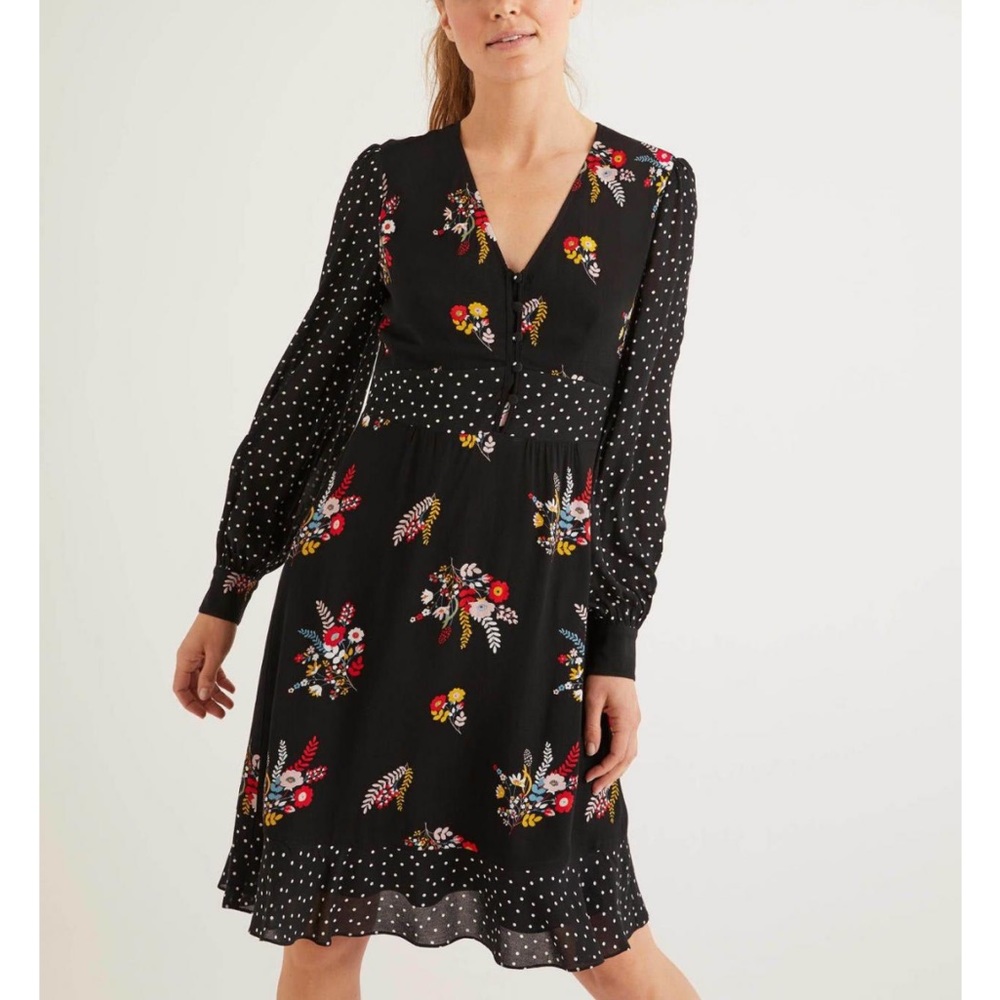 Boden Black Red Long Sleeve V-Neck Sundress